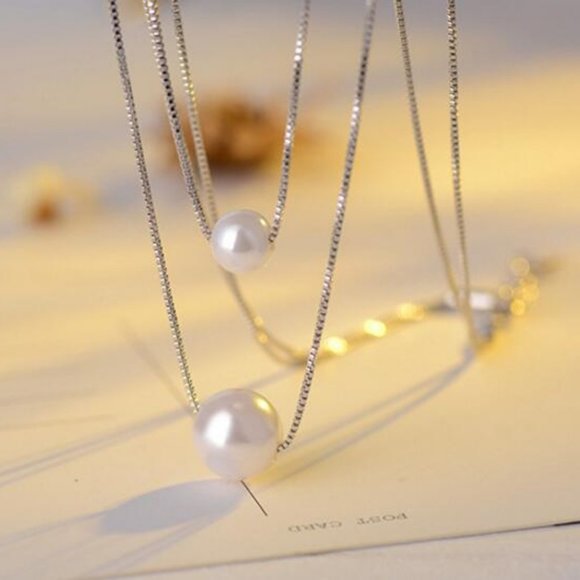 925 Sterling Silver Double Layer Pearl Necklace - Picture 3 of 8